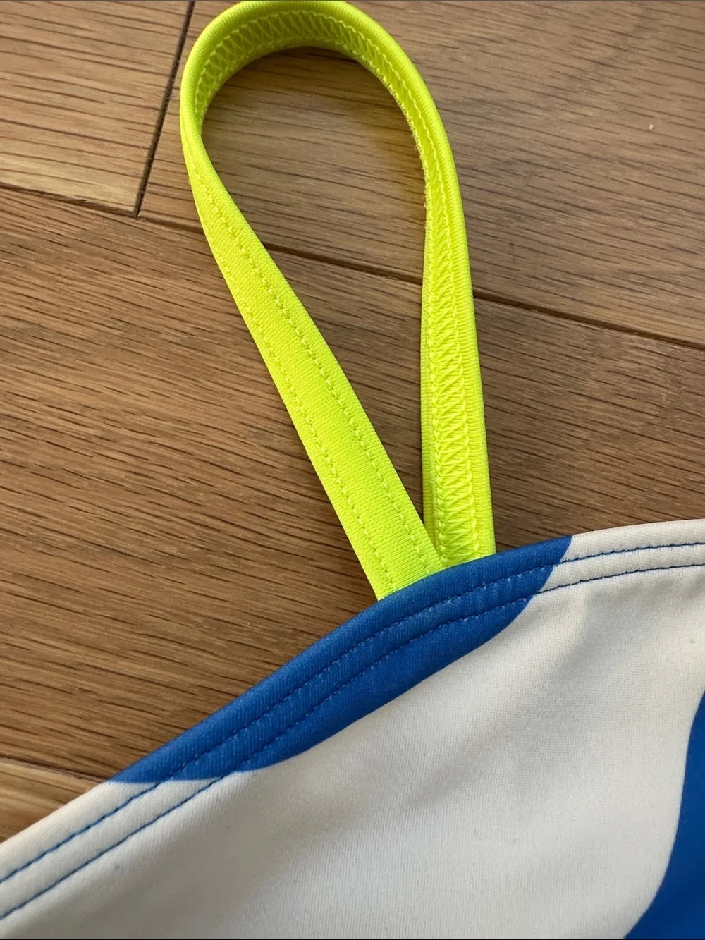 Mini Boden Blue & White One-Shoulder Swimsuit with Neon Strap